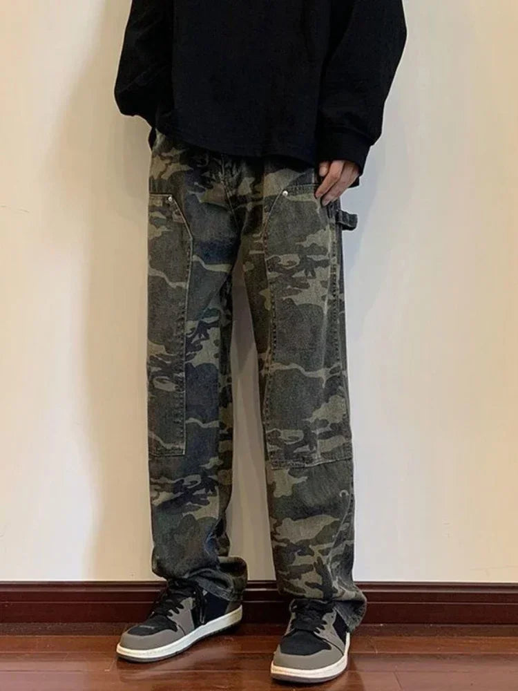 Jeans for Men Spliced Cargo Male Cowboy Pants Camouflage Trousers Punk Straight Xs Y 2k Vintage New in Retro 2025 Trend Baggy
