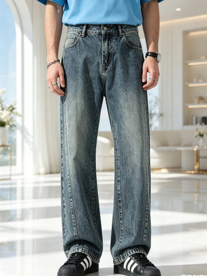 Men's jeans are cut to accommodate various leg shapes, with classic back pocket design and a loose fit.