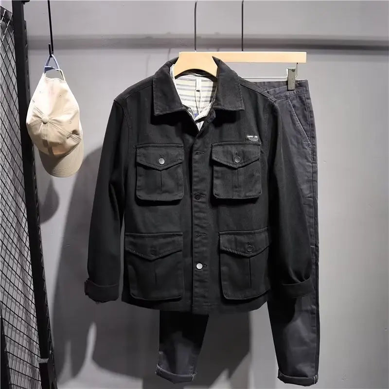 Men's Workwear Jacket Spring Autumn Wear-Resistant Utility Coat Youth Fashion Denim Material Long Sleeve Flip Collar Outerwear