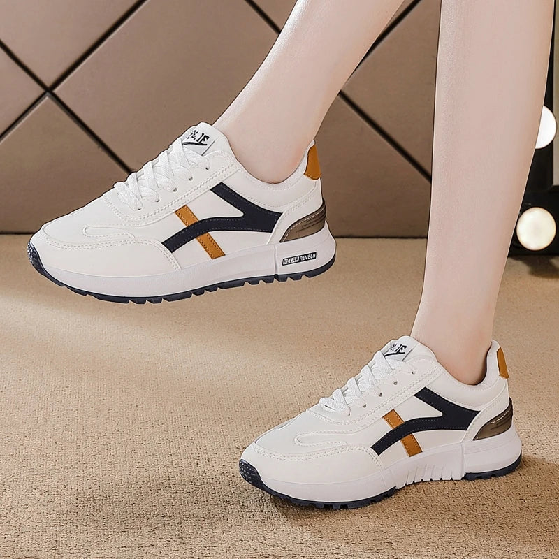 Women's Sports Sneakers Trendy Versatile Women Fashion Leather Sneakers Autumn New Girl Casual Running Shoes Striped Gym Shoes