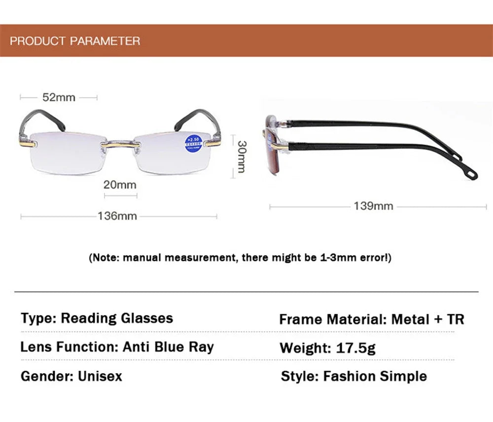 Reading Glasses Men Anti Blue Rays Presbyopia Goggles Women Vintage Rimless Eyewear Diopter +1.0 1.5 2.0 2.5 3.0 3.5 4.0 Окуляри