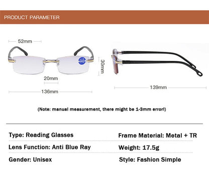 Reading Glasses Men Anti Blue Rays Presbyopia Goggles Women Vintage Rimless Eyewear Diopter +1.0 1.5 2.0 2.5 3.0 3.5 4.0 Окуляри