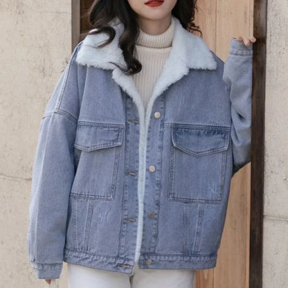 Outerwear Wool Inside Plain Warm Blue Denim Jacket for Women with Fur Plush Woman Jean Coat Winter 2025 Cold Padded Korean Outer
