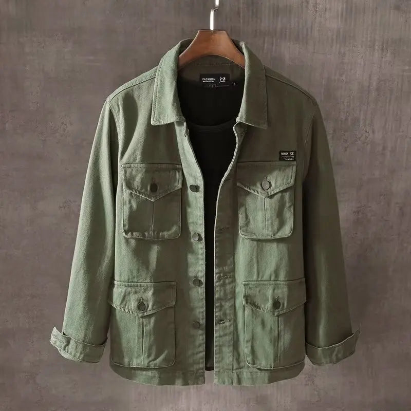 Men's Workwear Jacket Spring Autumn Wear-Resistant Utility Coat Youth Fashion Denim Material Long Sleeve Flip Collar Outerwear