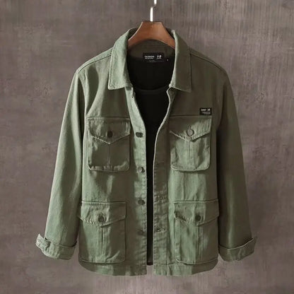 Men's Workwear Jacket Spring Autumn Wear-Resistant Utility Coat Youth Fashion Denim Material Long Sleeve Flip Collar Outerwear