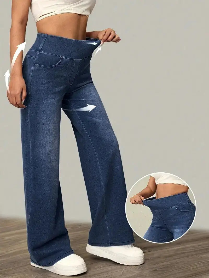 Women's Jeans Spring and Autumn New Elastic Waist Loose Straight Fashion Comfortable Versatile Wide Leg Floor Pants