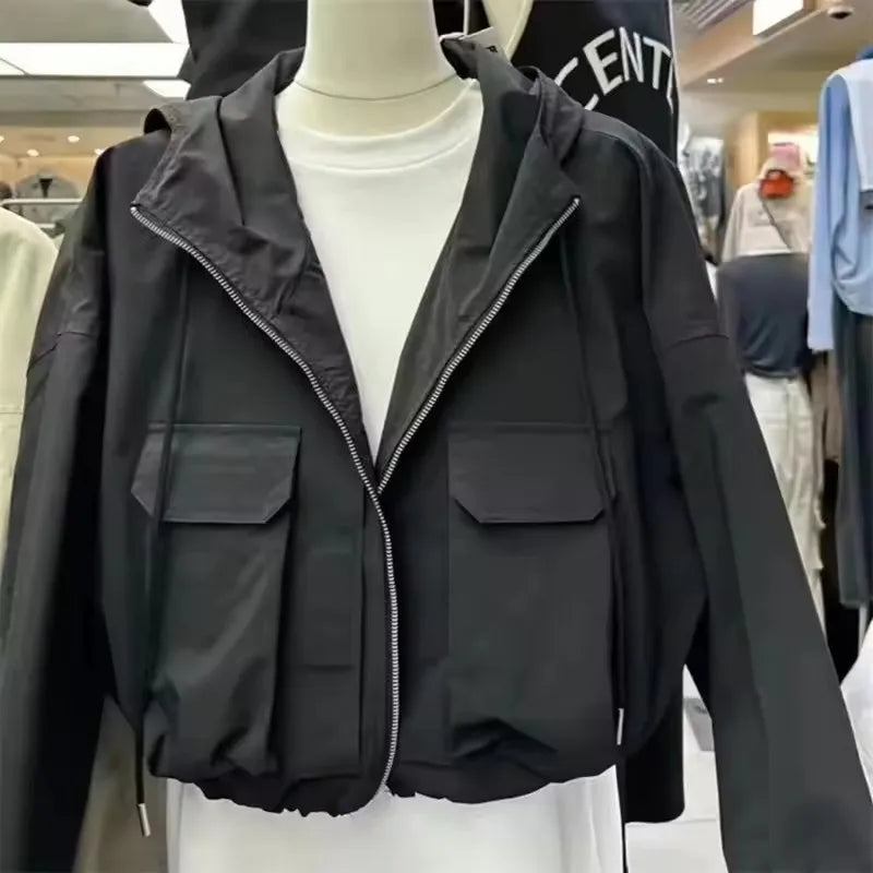 2025  Fashion Women Jacket Windbreaker Hooded Zip-up Coat Autumn Vintage Outwear Korean Harajuku Cropped Basic Coat Streetwear