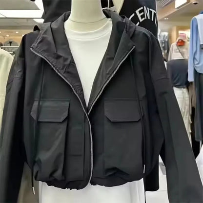 2025  Fashion Women Jacket Windbreaker Hooded Zip-up Coat Autumn Vintage Outwear Korean Harajuku Cropped Basic Coat Streetwear