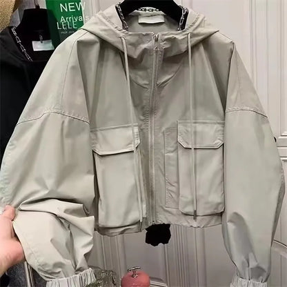 2025  Fashion Women Jacket Windbreaker Hooded Zip-up Coat Autumn Vintage Outwear Korean Harajuku Cropped Basic Coat Streetwear