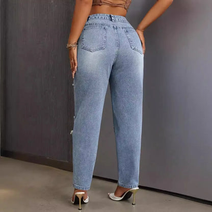 European American Fashion, Versatile Casual Washed Ripped Jeans, New Women's Spring and Summer Small Leg Pants. Nine-inch Jeans