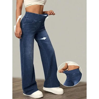Women's Jeans Spring and Autumn New Elastic Waist Loose Straight Fashion Comfortable Versatile Wide Leg Floor Pants