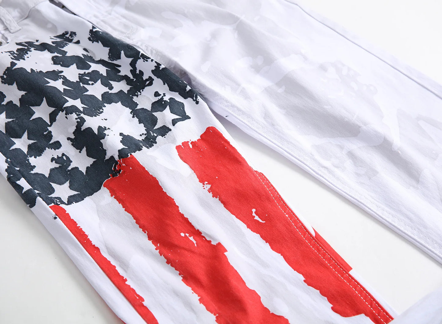 New Style European and American Young Men's Jeans, White, Slim-fit, Casual, Men's Trousers with Red Stripes and Pentagrams