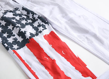 New Style European and American Young Men's Jeans, White, Slim-fit, Casual, Men's Trousers with Red Stripes and Pentagrams