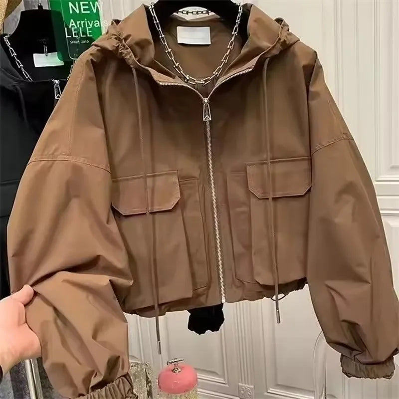 2025  Fashion Women Jacket Windbreaker Hooded Zip-up Coat Autumn Vintage Outwear Korean Harajuku Cropped Basic Coat Streetwear