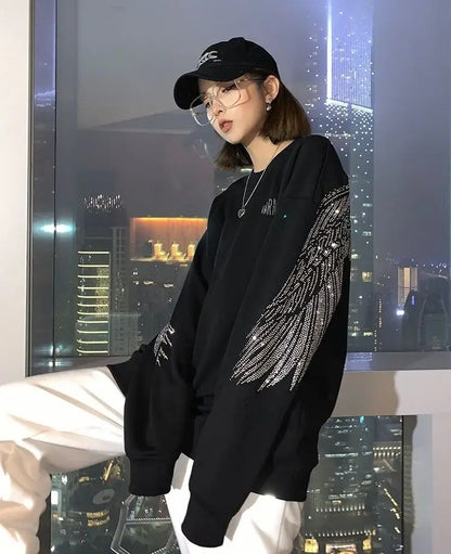 Tops Loose Tshirts Rhinestone Women's T Shirts Black Clothes