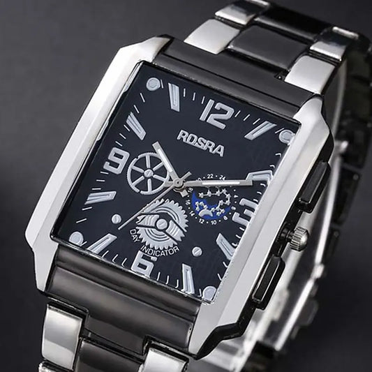 Men Watches Steel Fashion Elegant Rectangle Dial Steel Clock Quartz Watch Men's Silver-Black Cool Wristwatch Masculino Relogio