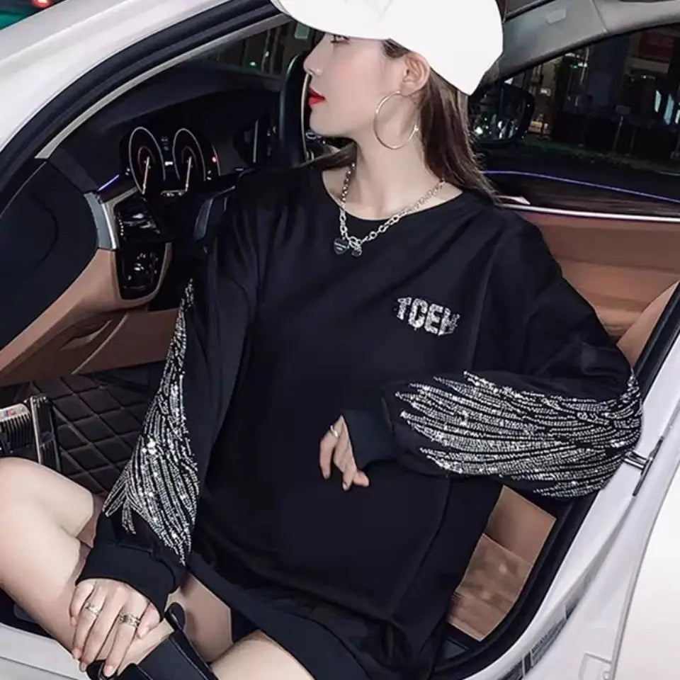 Tops Loose Tshirts Rhinestone Women's T Shirts Black Clothes