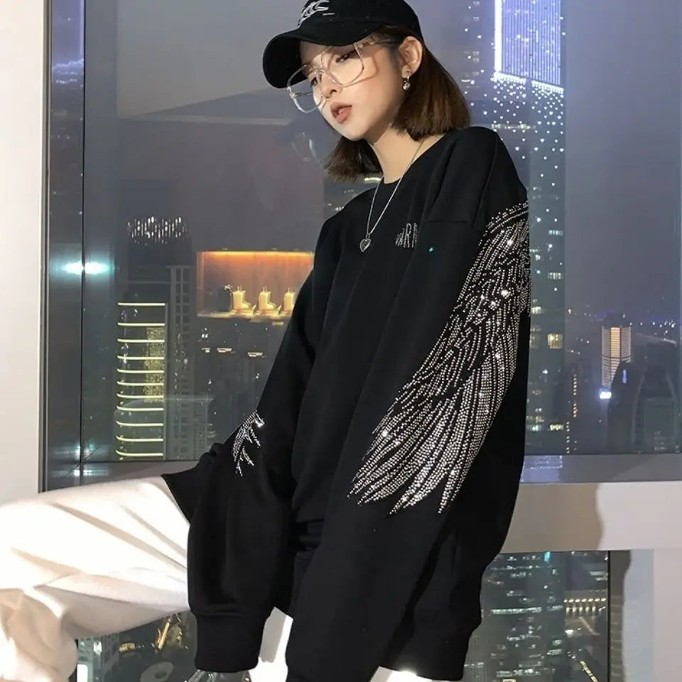 Tops Loose Tshirts Rhinestone Women's T Shirts Black Clothes