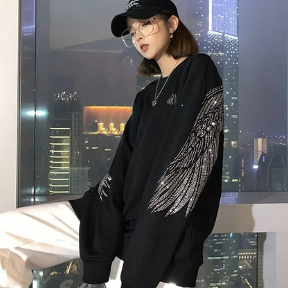 Tops Loose Tshirts Rhinestone Women's T Shirts Black Clothes