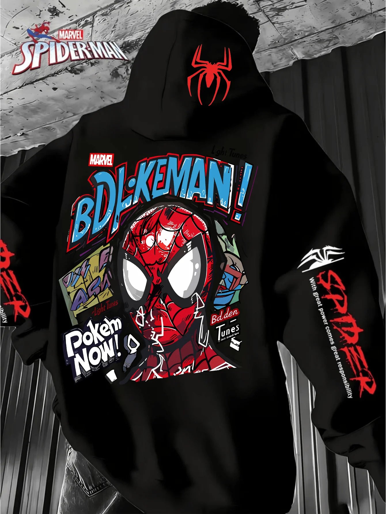 Men'S Hooded Hoodie Spider-Man Graffiti StyleFull of Personalized Back Cartoon Print Winter New Commuter Street Casual Hoodie