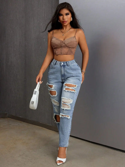European American Fashion, Versatile Casual Washed Ripped Jeans, New Women's Spring and Summer Small Leg Pants. Nine-inch Jeans