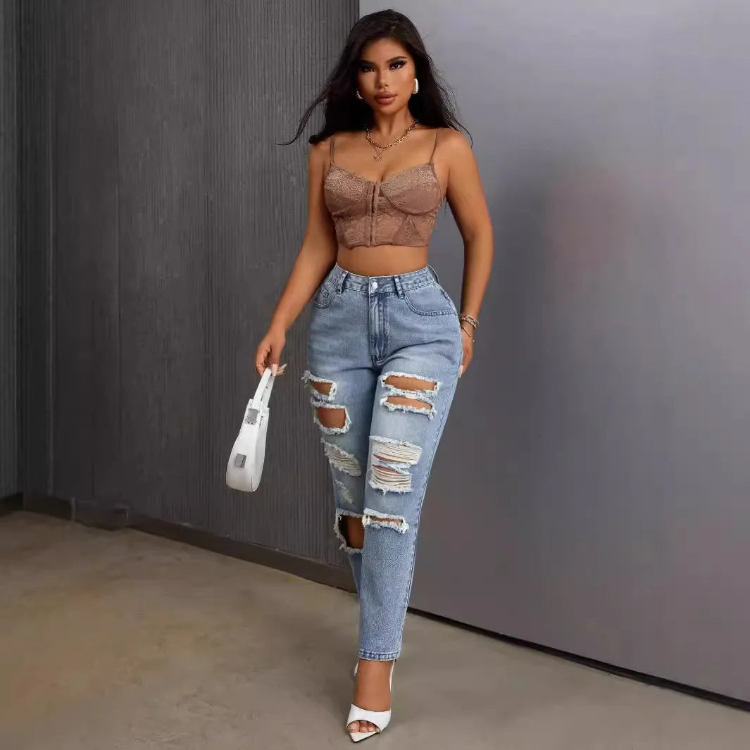 European American Fashion, Versatile Casual Washed Ripped Jeans, New Women's Spring and Summer Small Leg Pants. Nine-inch Jeans
