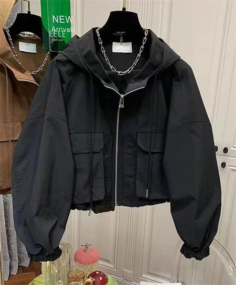 2025  Fashion Women Jacket Windbreaker Hooded Zip-up Coat Autumn Vintage Outwear Korean Harajuku Cropped Basic Coat Streetwear