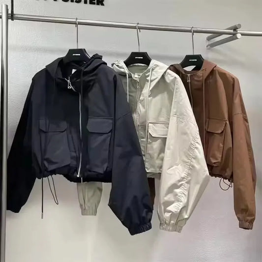 2025  Fashion Women Jacket Windbreaker Hooded Zip-up Coat Autumn Vintage Outwear Korean Harajuku Cropped Basic Coat Streetwear