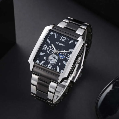 Men Watches Steel Fashion Elegant Rectangle Dial Steel Clock Quartz Watch Men's Silver-Black Cool Wristwatch Masculino Relogio