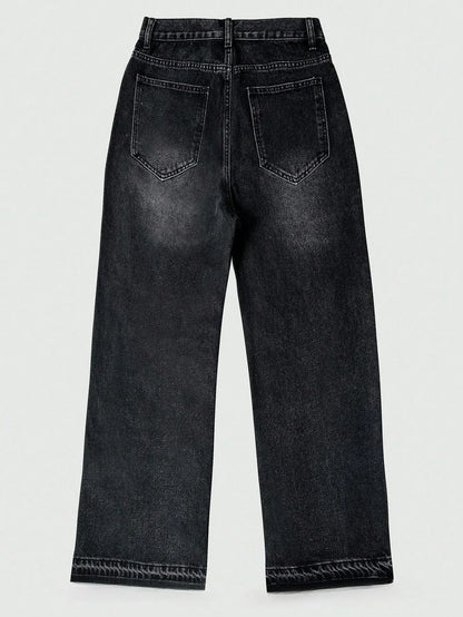 Jeans slim fit con dettagli di orlo lavato casual e business, pantaloni dritti in cotone leggero e versatili con chiusura a
