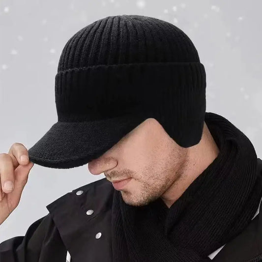 Knitted Beanie with Brim and Ear Flap for Men