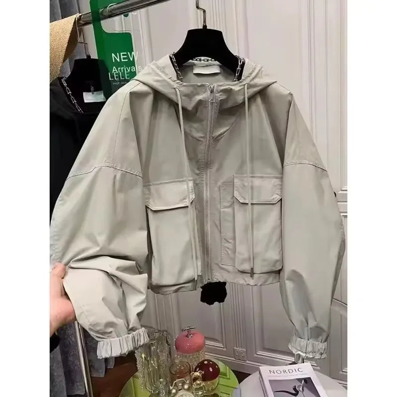 2025  Fashion Women Jacket Windbreaker Hooded Zip-up Coat Autumn Vintage Outwear Korean Harajuku Cropped Basic Coat Streetwear